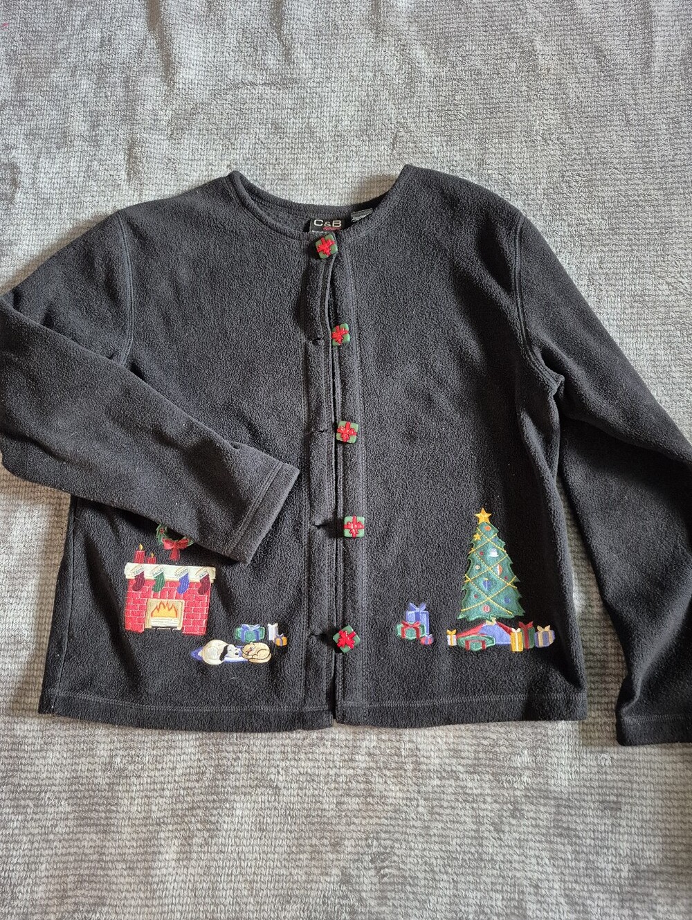 C&B Sport Black Christmas Holiday Embroidered Button Fleece Cardigan Sweater S,